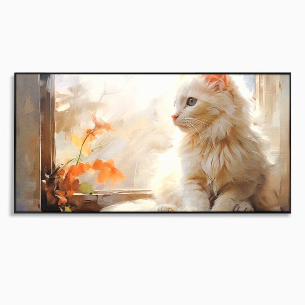 Tablou canvas cu tablou canvas cu pisica alba la fereastra, in rama de aluminiu negru