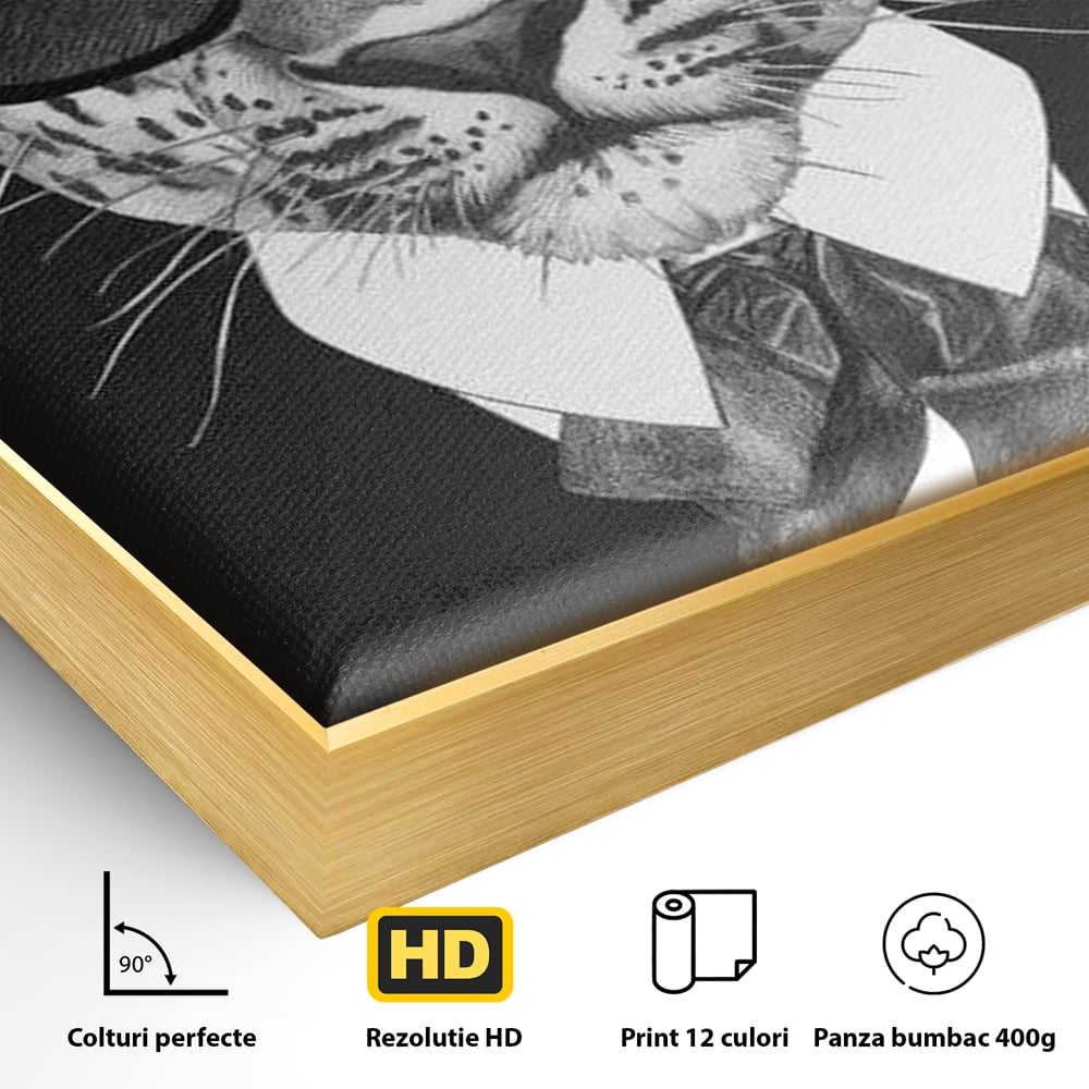 Detaliu al suprafetei: ilustratie portret leopard gentleman, in rama de aluminiu auriu