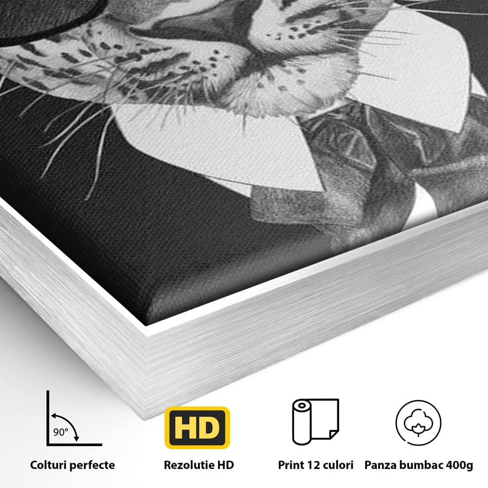 Detaliu al suprafetei: ilustratie portret leopard gentleman, in rama de aluminiu argintiu