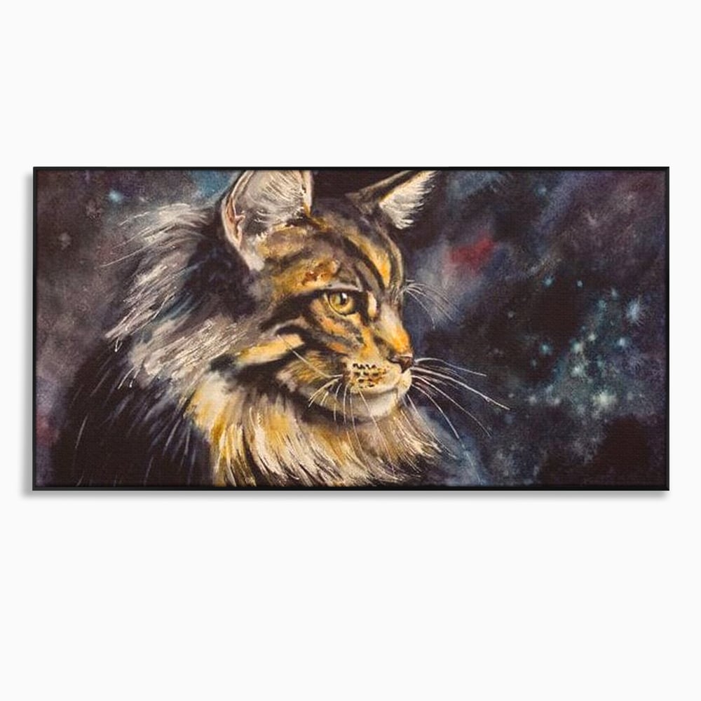 Tablou canvas cu tablou canvas cu pisica in galaxie, in rama de aluminiu negru