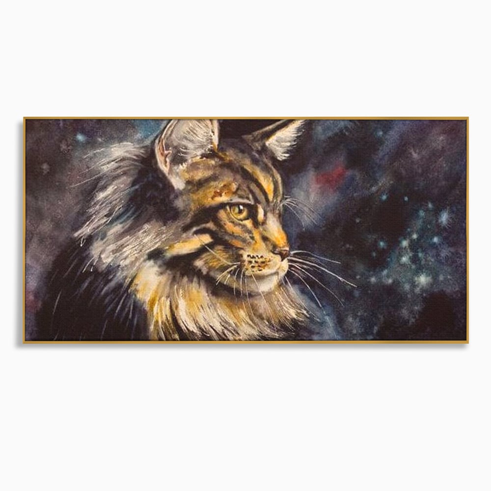Tablou canvas cu tablou canvas cu pisica in galaxie, in rama de aluminiu auriu
