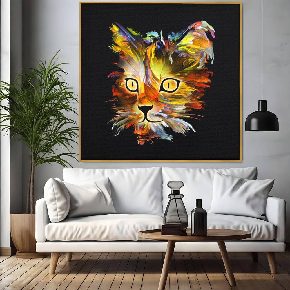 Tablou canvas cu tablou canvas cu pisica abstracta, in rama de aluminiu auriu, pe perete intr-un living