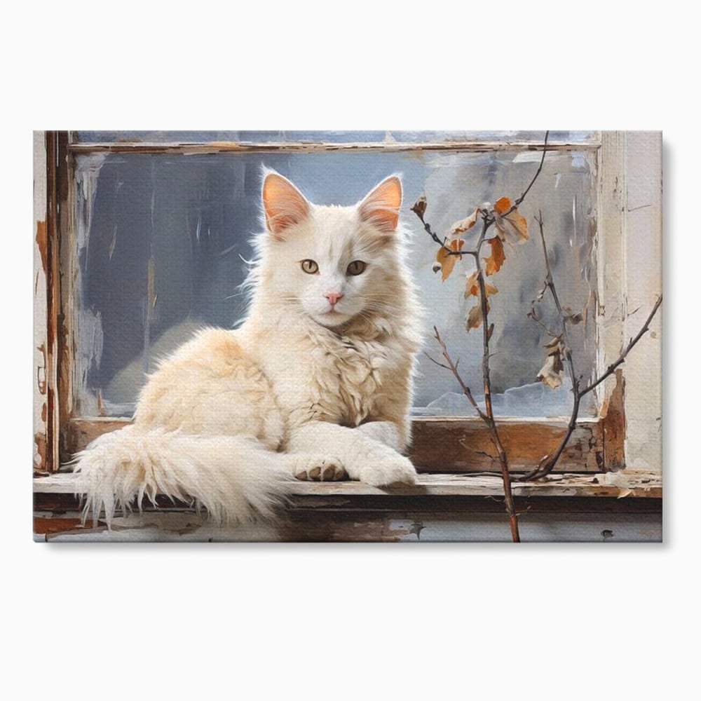 Tablou canvas cu tablou canvas cu pisica alba pe fereastra, fara rama, pe sasiu de lemn