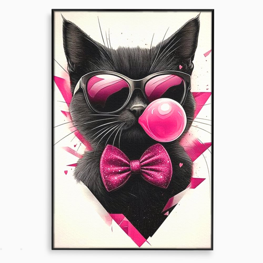 Tablou canvas cu ilustratie digitala cu pisica neagra, in rama de aluminiu negru