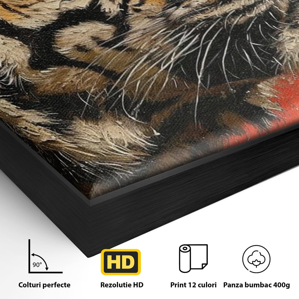 Detaliu al suprafetei: tablou canvas cu pictura de tigru, in rama de aluminiu negru