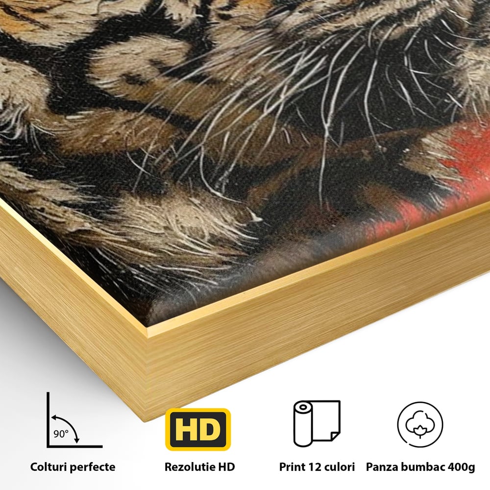 Detaliu al suprafetei: tablou canvas cu pictura de tigru, in rama de aluminiu auriu