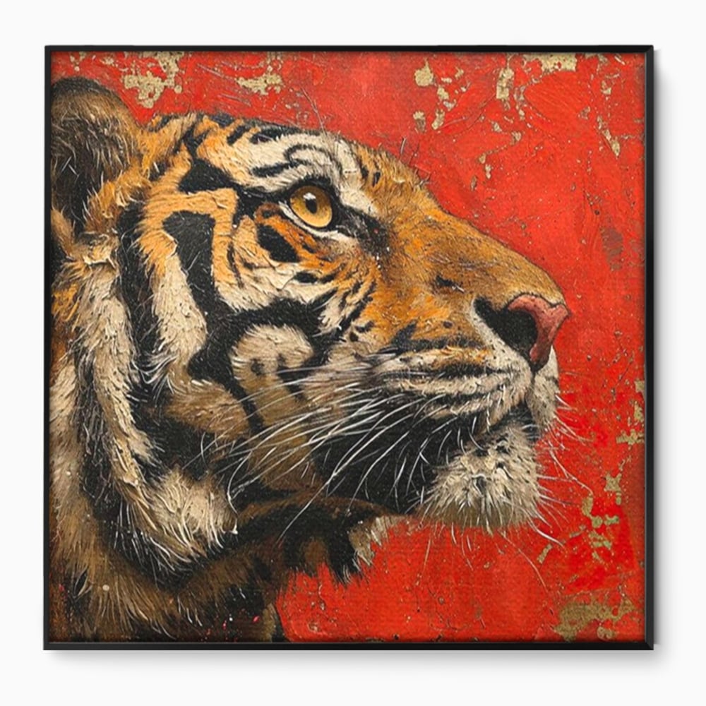 Tablou canvas cu tablou canvas cu pictura de tigru, in rama de aluminiu negru