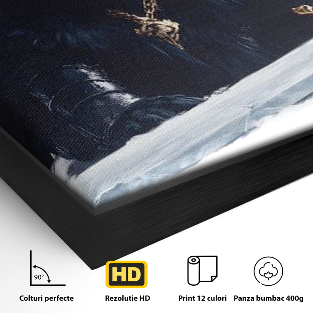 Detaliu al suprafetei: tablou canvas cu pantera rege pe tron, in rama de aluminiu negru