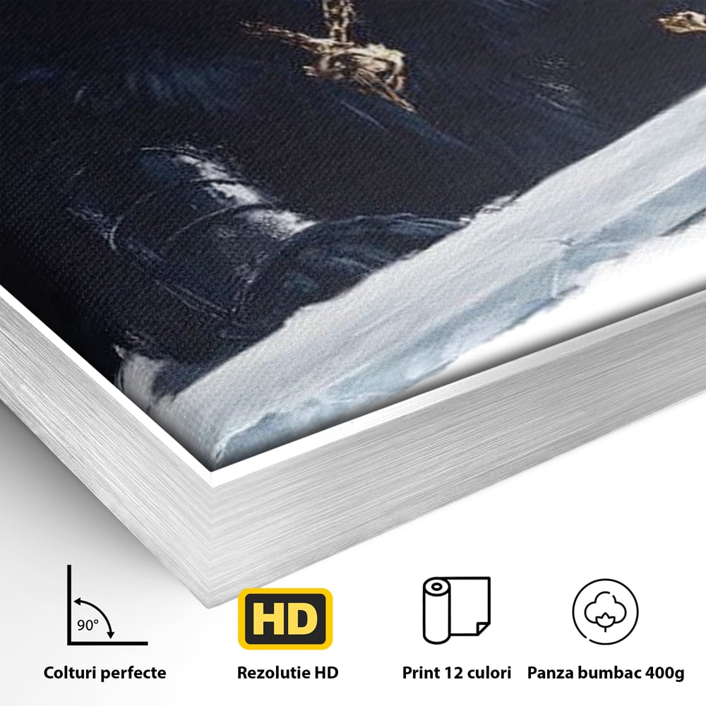 Detaliu al suprafetei: tablou canvas cu pantera rege pe tron, in rama de aluminiu argintiu