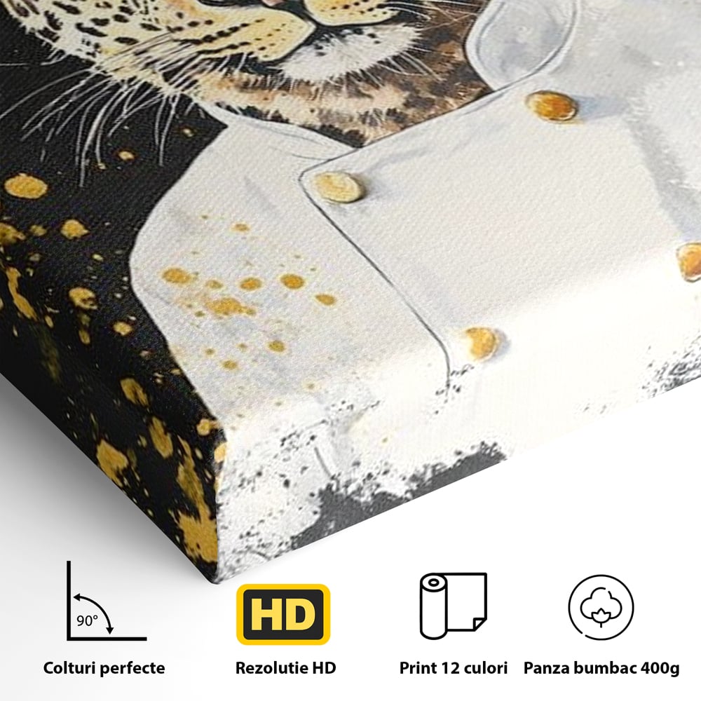 Detaliu al suprafetei: tablou canvas cu leopard bucatar, fara rama, pe sasiu de lemn