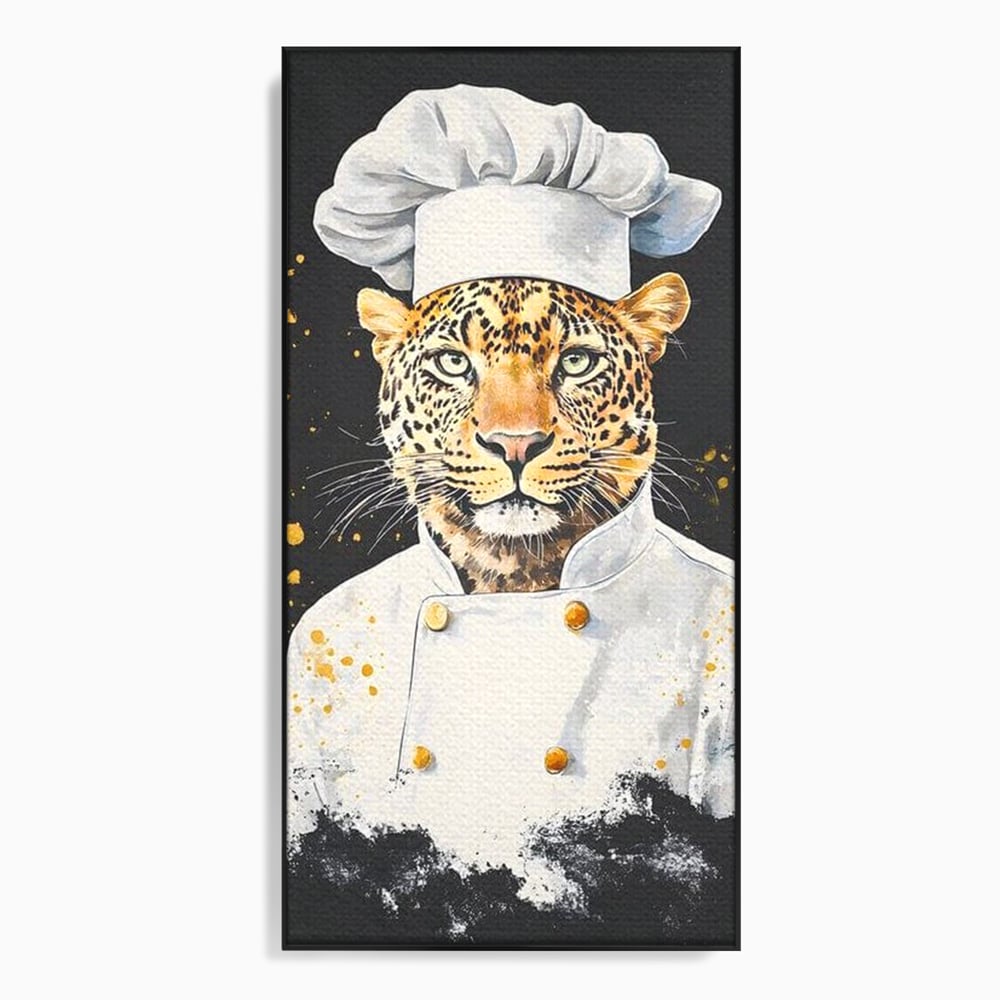 Tablou canvas cu tablou canvas cu leopard bucatar, in rama de aluminiu negru