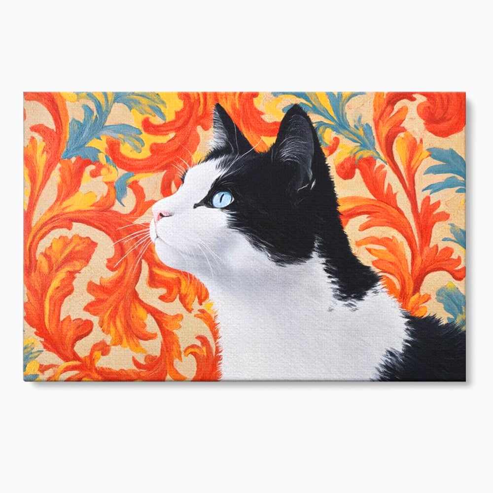 Tablou canvas cu tablou canvas cu pisica si fundal floral, fara rama, pe sasiu de lemn