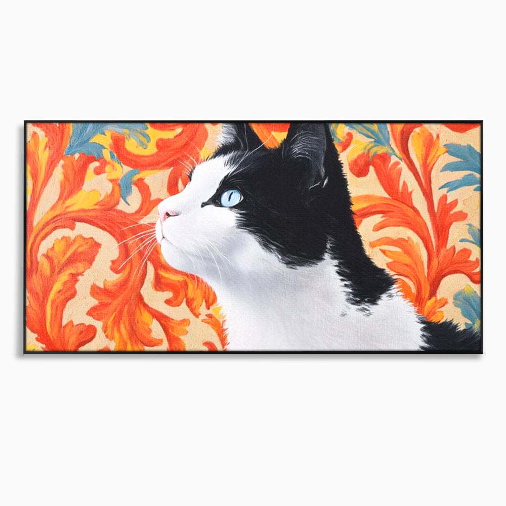 Tablou canvas cu tablou canvas cu pisica si fundal floral, in rama de aluminiu negru