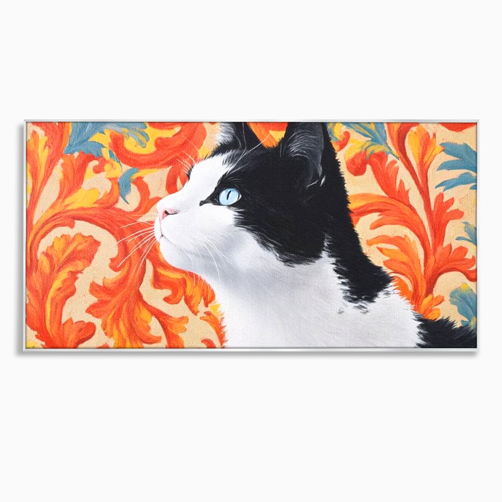 Tablou canvas cu tablou canvas cu pisica si fundal floral, in rama de aluminiu argintiu