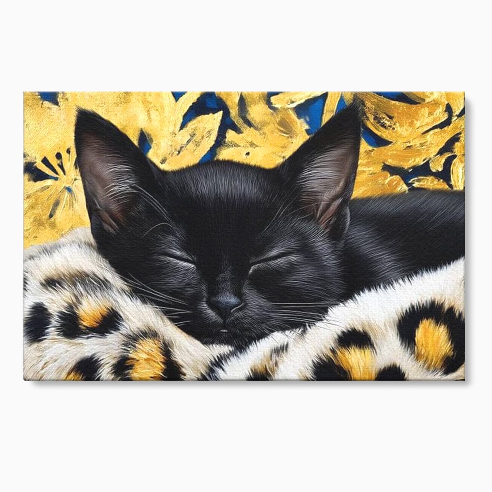 Tablou canvas cu tablou canvas cu pisica neagra dormind, fara rama, pe sasiu de lemn