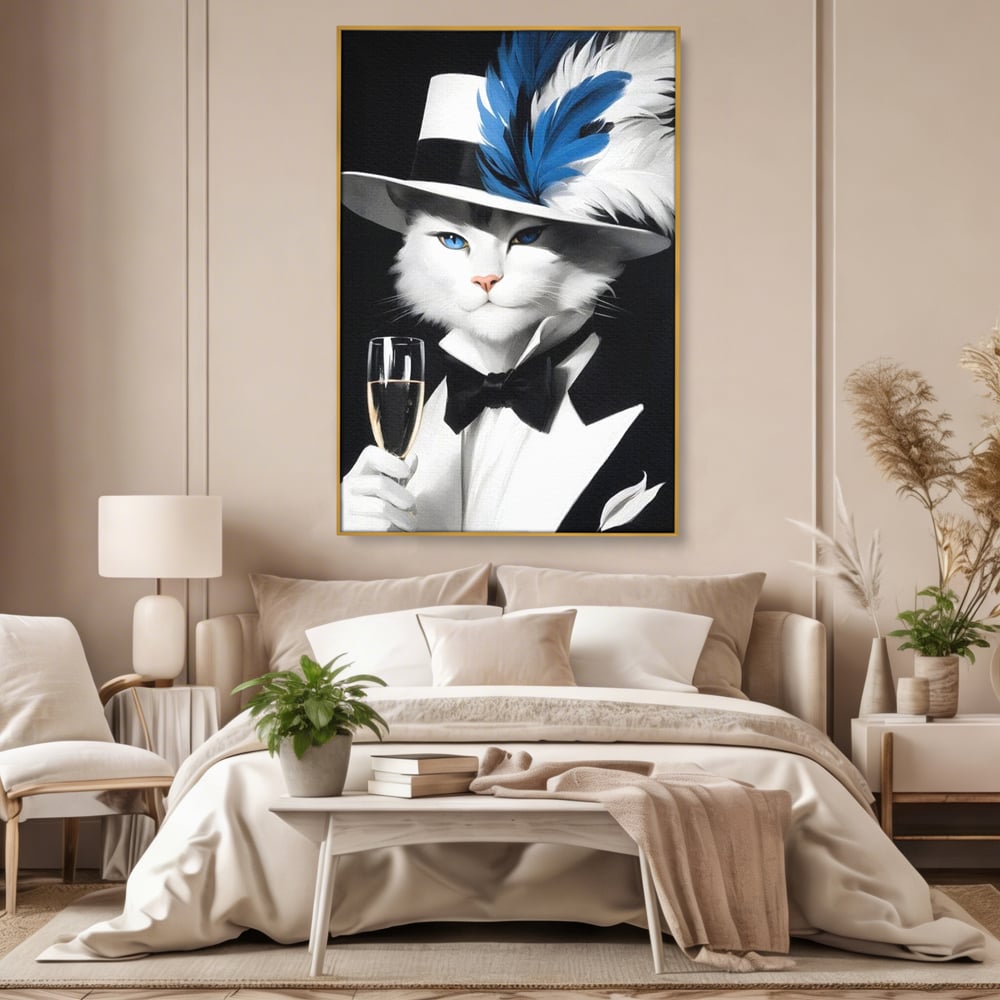 Tablou canvas cu tablou canvas cu pisica aristocrata in costum, in rama de aluminiu auriu, pe perete intr-un dormitor