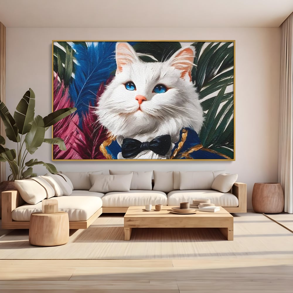 Tablou canvas cu tablou canvas cu pisica in costum, in rama de aluminiu auriu, pe perete intr-un living