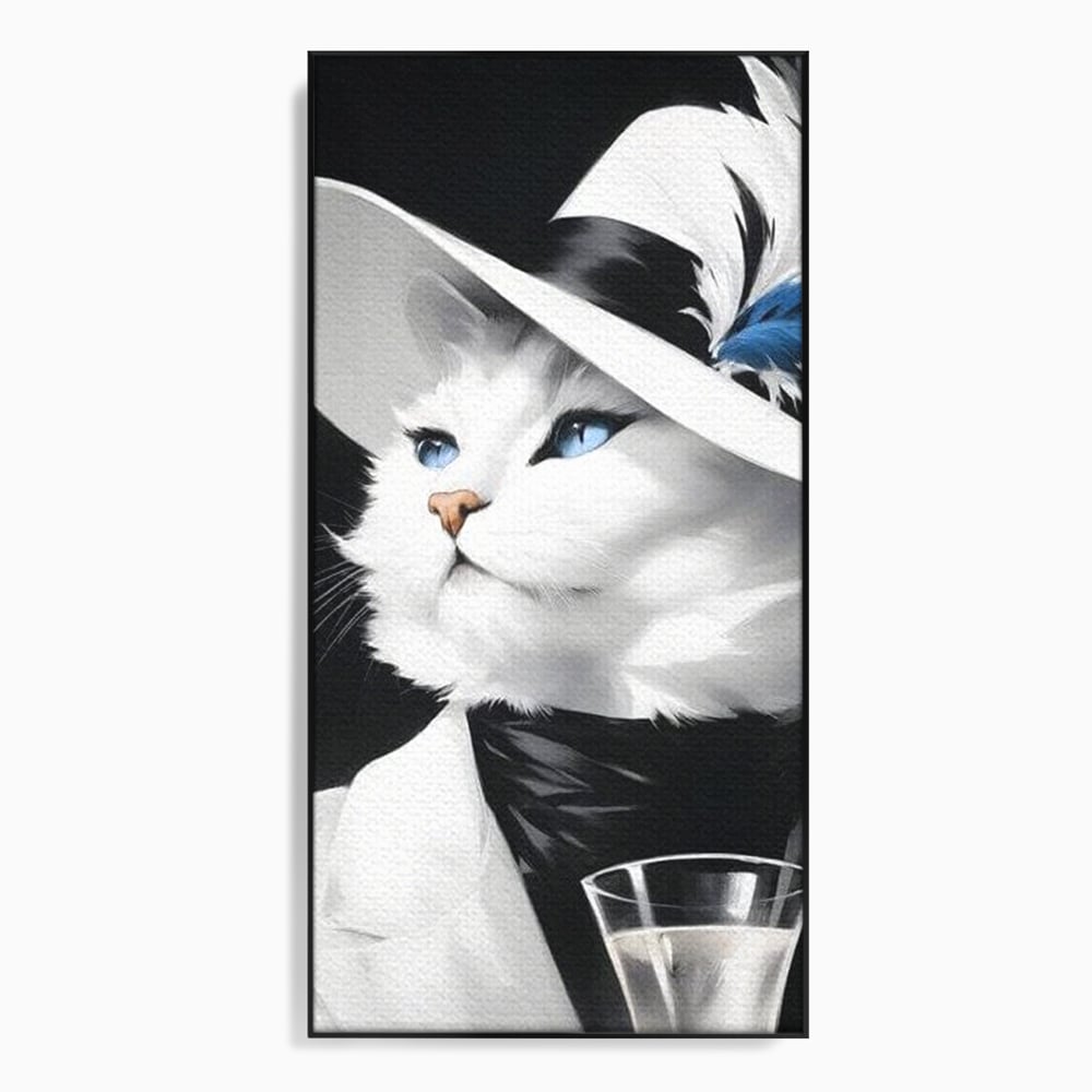 Tablou canvas cu tablou canvas cu pisica aristocrata purtand palarie, in rama de aluminiu negru