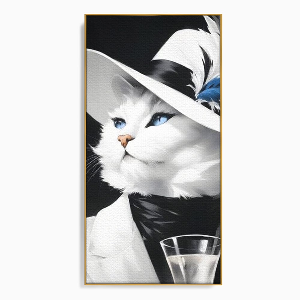 Tablou canvas cu tablou canvas cu pisica aristocrata purtand palarie, in rama de aluminiu auriu