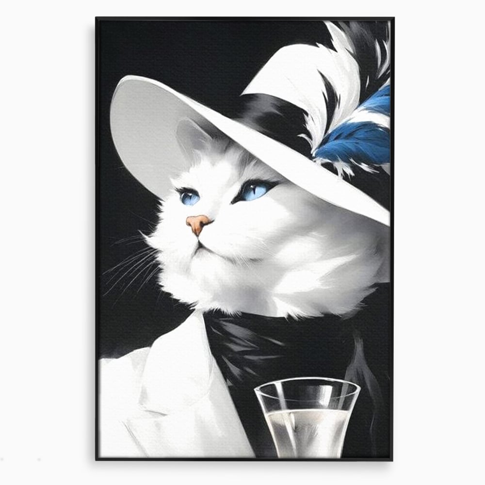 Tablou canvas cu tablou canvas cu pisica aristocrata purtand palarie, in rama de aluminiu negru