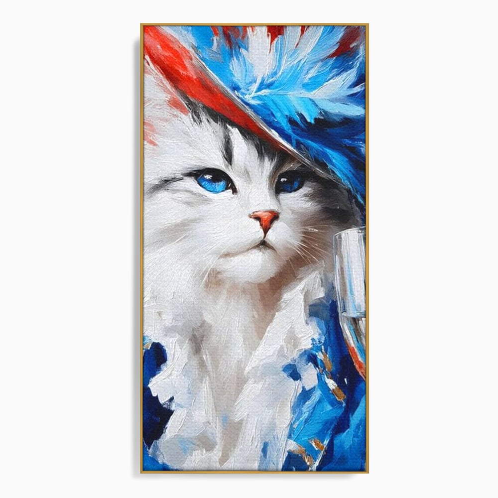 Tablou canvas cu pictura cu pisica in costum si palarie, in rama de aluminiu auriu