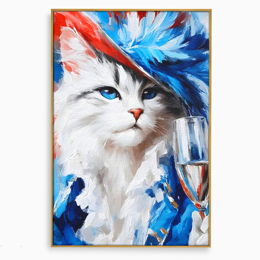 Tablou canvas cu pictura cu pisica in costum si palarie, in rama de aluminiu auriu
