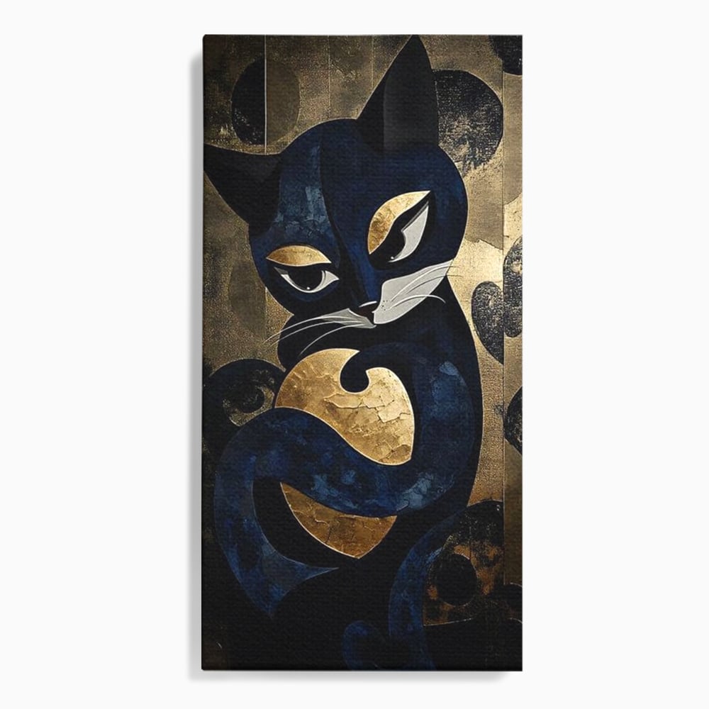 Tablou canvas cu tablou canvas cu pisica neagra si aurie, fara rama, pe sasiu de lemn