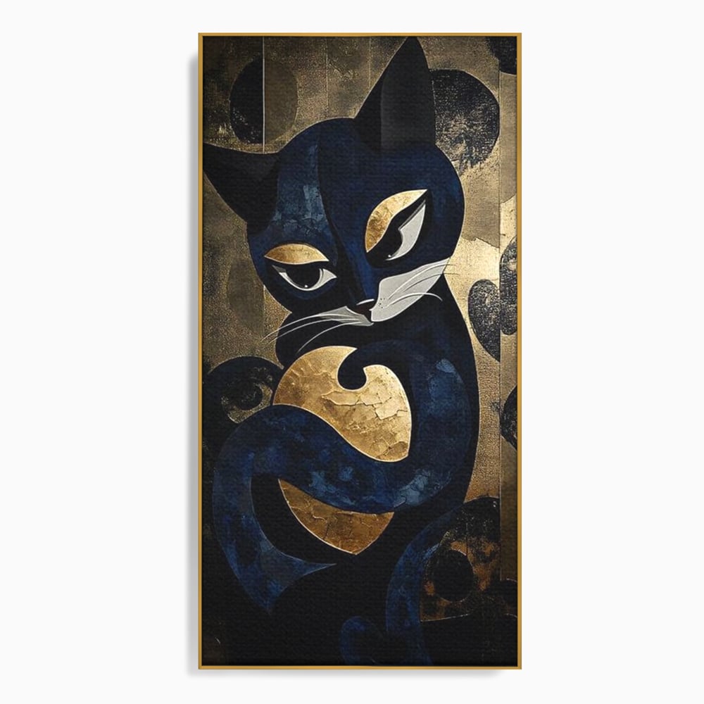 Tablou canvas cu tablou canvas cu pisica neagra si aurie, in rama de aluminiu auriu