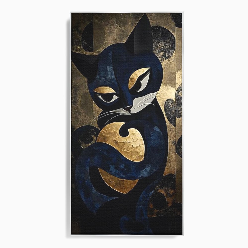Tablou canvas cu tablou canvas cu pisica neagra si aurie, in rama de aluminiu argintiu