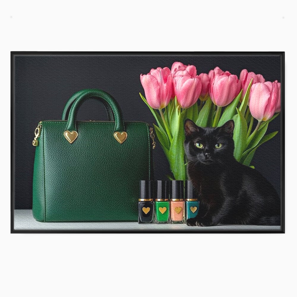 Tablou canvas cu tablou canvas cu pisica si poseta, in rama de aluminiu negru