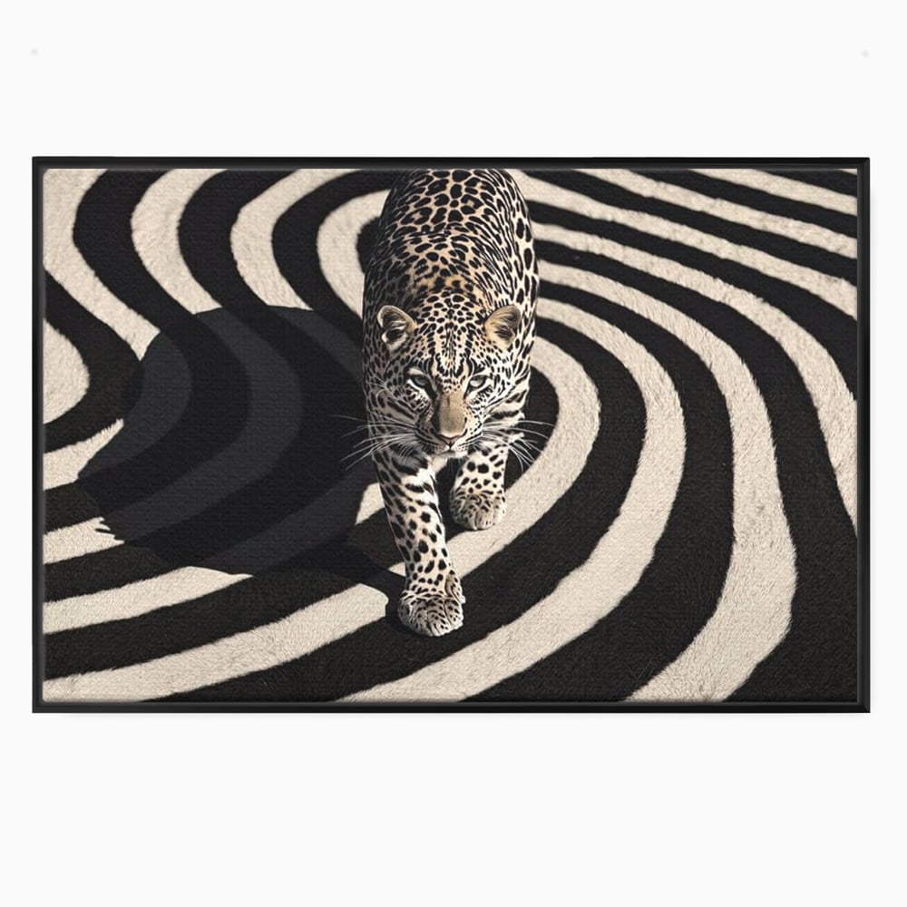 Tablou canvas cu tablou canvas cu leopard pe fundal spiralat alb-negru, in rama de aluminiu negru