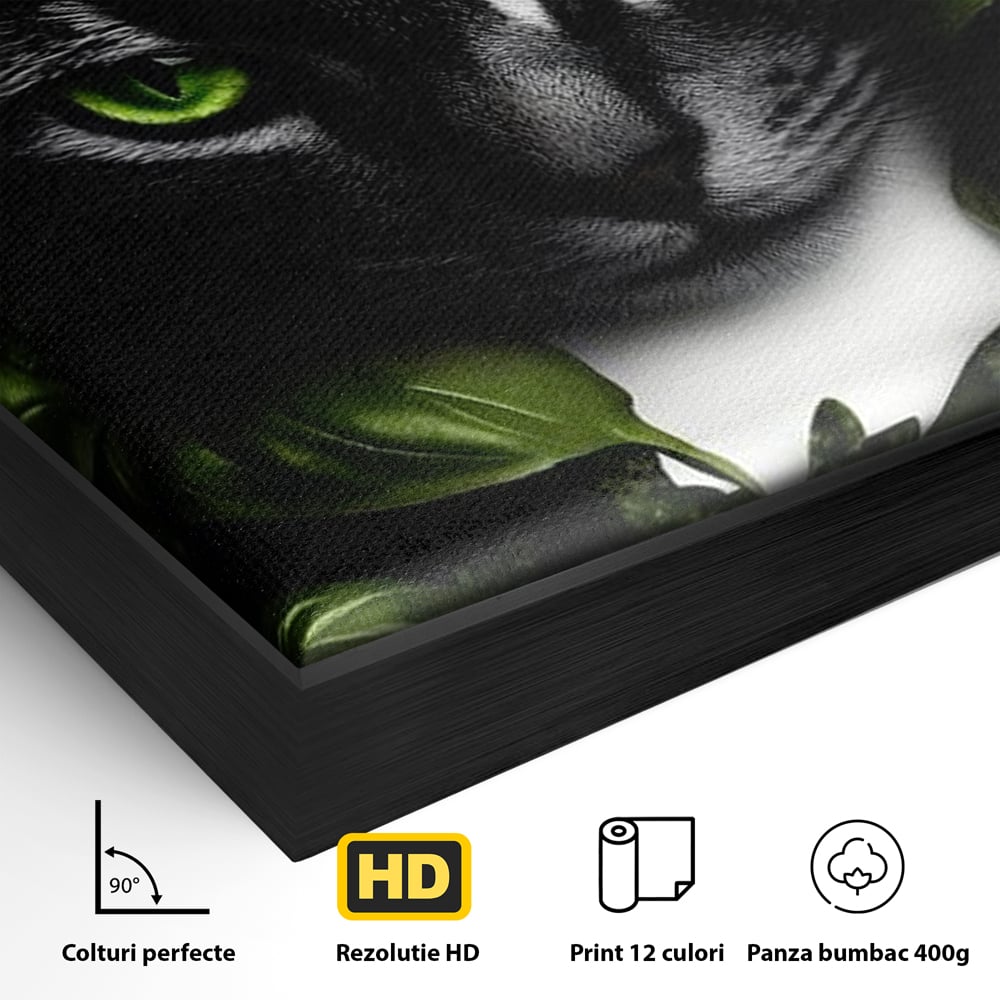Detaliu al suprafetei: tablou canvas cu pisica bucatar si frunze, in rama de aluminiu negru