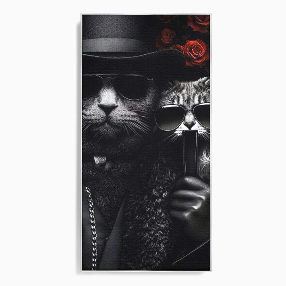 Tablou canvas cu tablou canvas cu pisici gangster in ochelari, in rama de aluminiu argintiu
