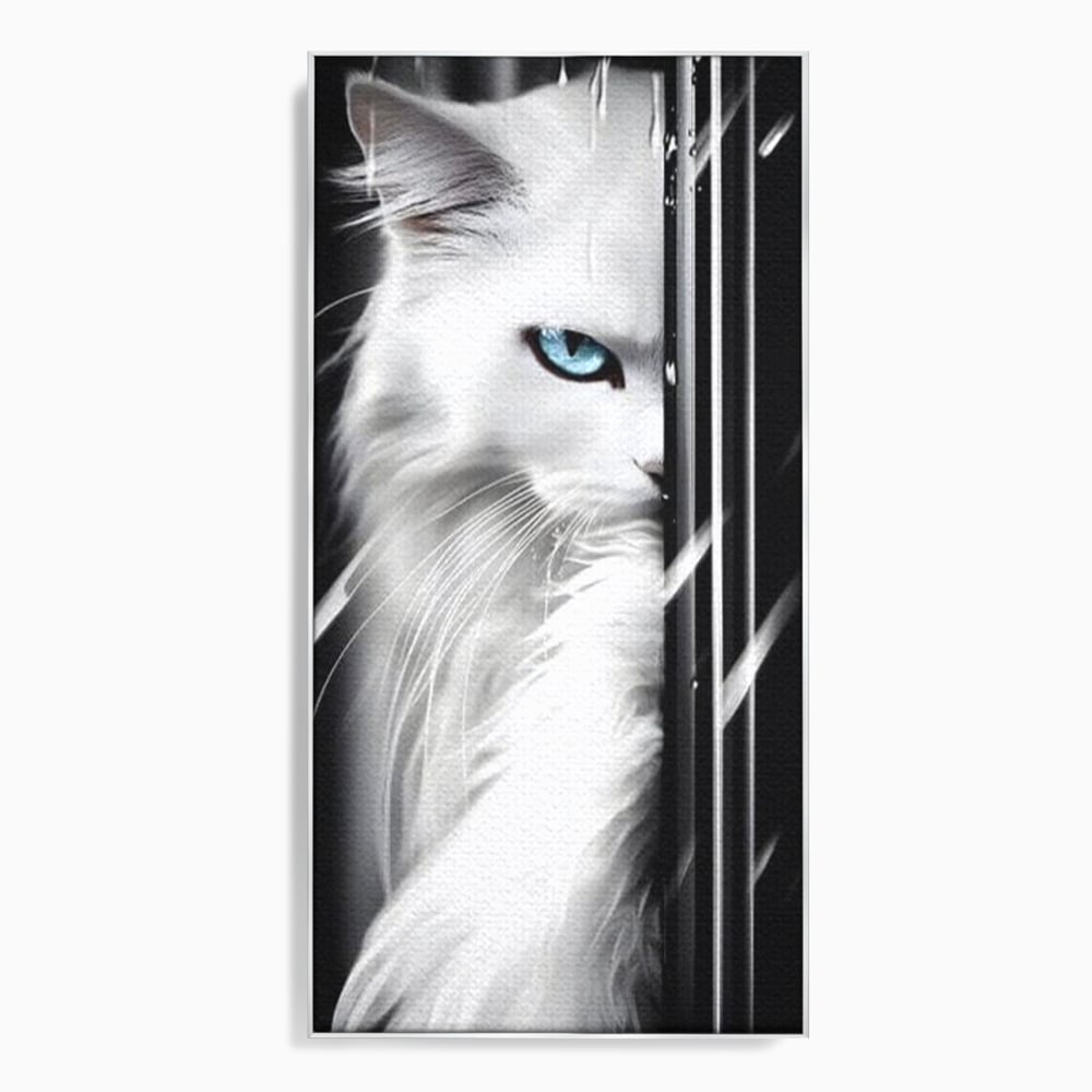 Tablou canvas cu tablou canvas cu pisica alba si ochi albastri, in rama de aluminiu argintiu