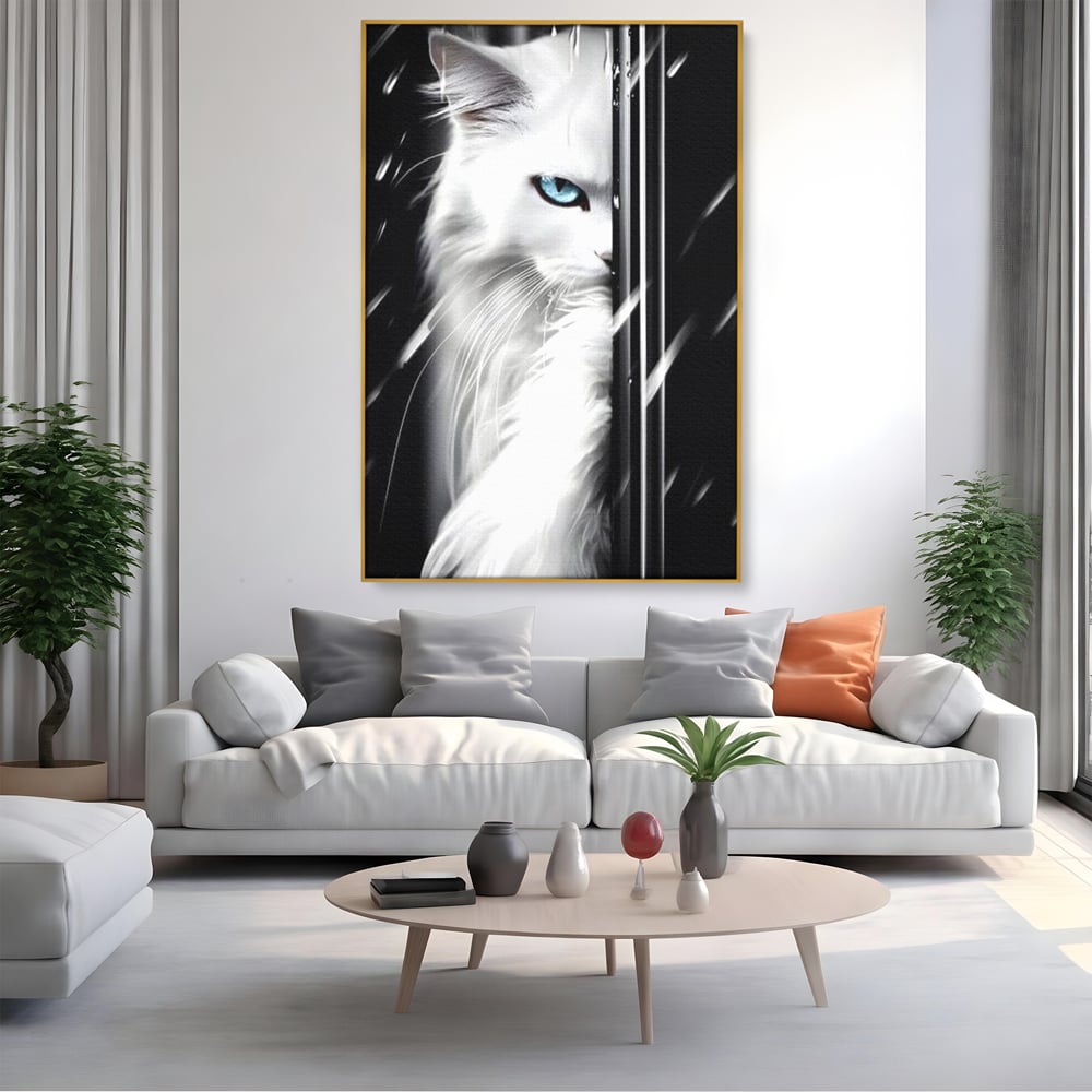 Tablou canvas cu tablou canvas cu pisica alba si ochi albastri, in rama de aluminiu auriu, pe perete intr-un living