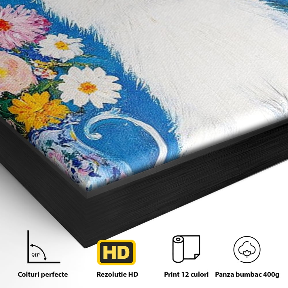 Detaliu al suprafetei: tablou canvas cu pisica alba si flori, in rama de aluminiu negru