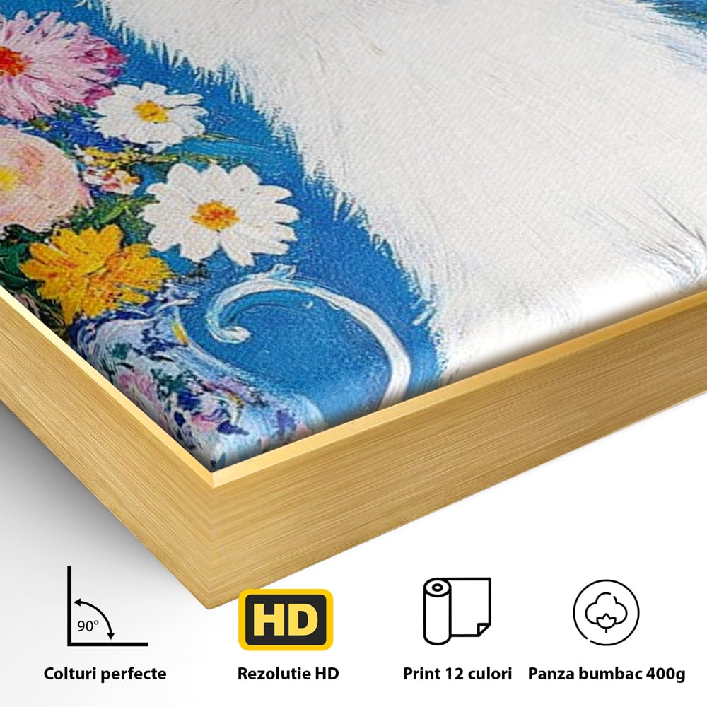 Detaliu al suprafetei: tablou canvas cu pisica alba si flori, in rama de aluminiu auriu