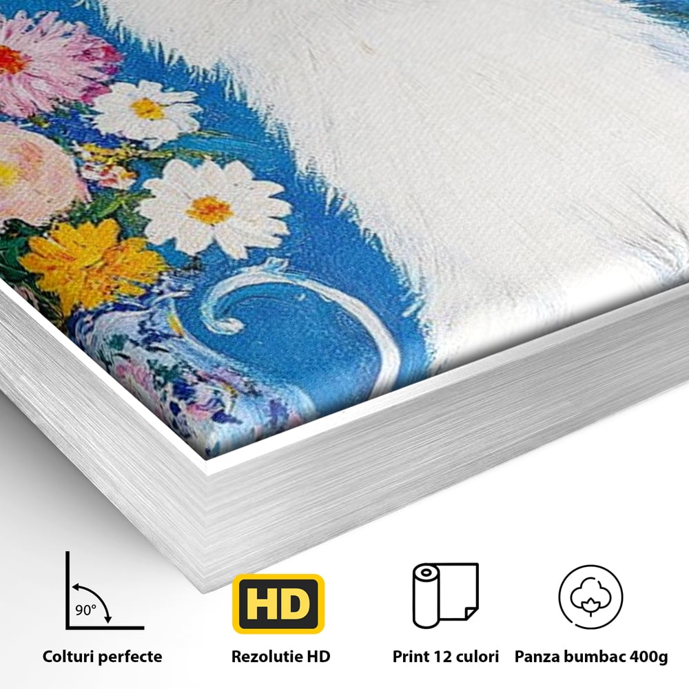 Detaliu al suprafetei: tablou canvas cu pisica alba si flori, in rama de aluminiu argintiu