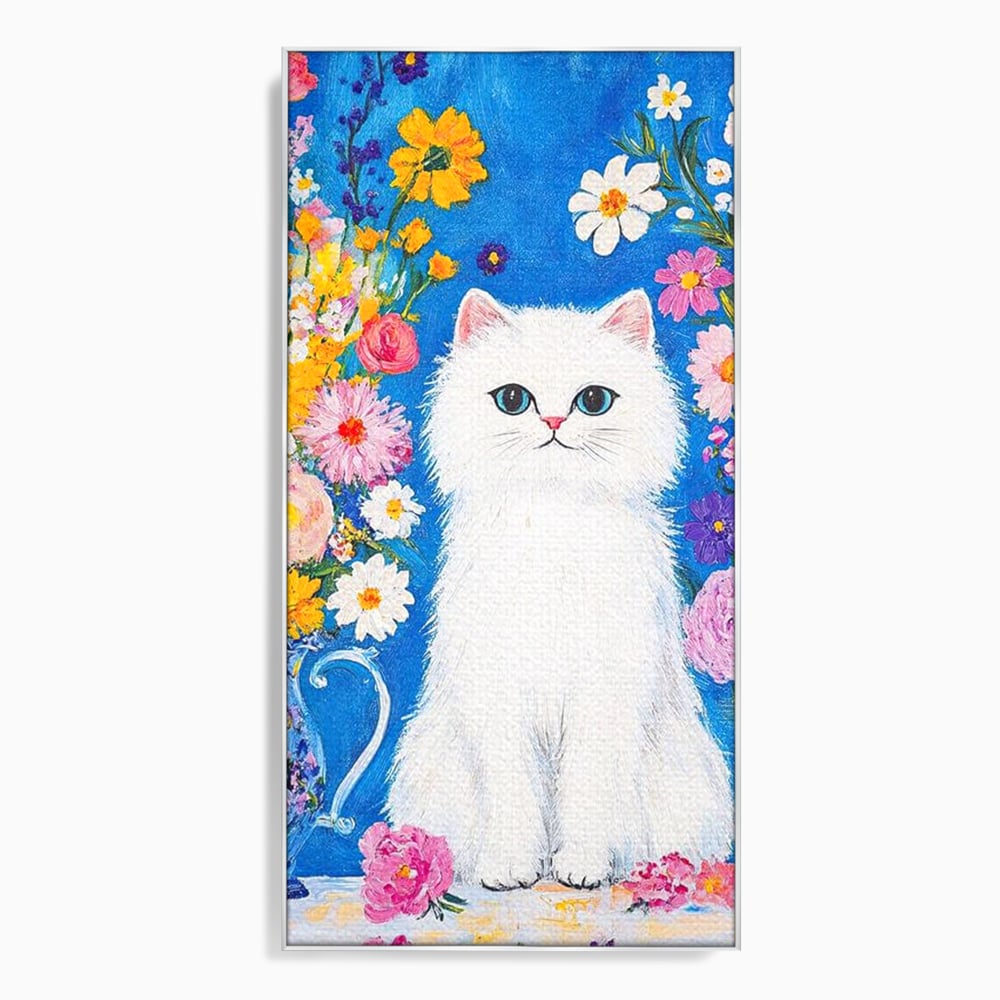 Tablou canvas cu tablou canvas cu pisica alba si flori, in rama de aluminiu argintiu