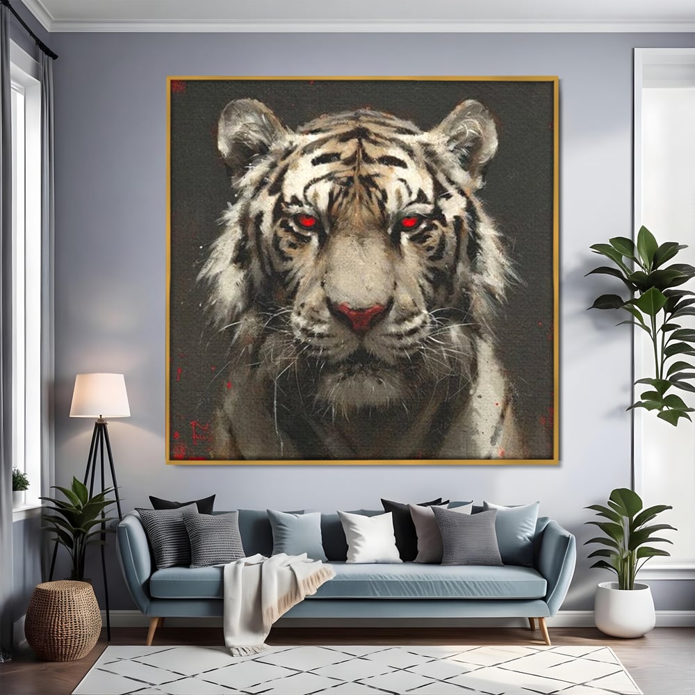 Tablou canvas cu tablou canvas cu tigru alb si ochi rosii, in rama de aluminiu auriu, pe perete intr-un living