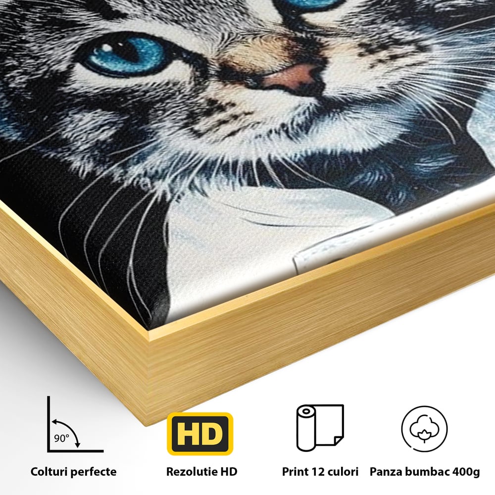 Detaliu al suprafetei: tablou canvas cu pisica bucatar, in rama de aluminiu auriu