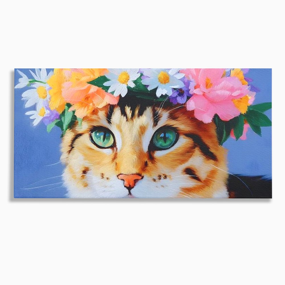 Tablou canvas cu tablou canvas cu pisica si flori, fara rama, pe sasiu de lemn