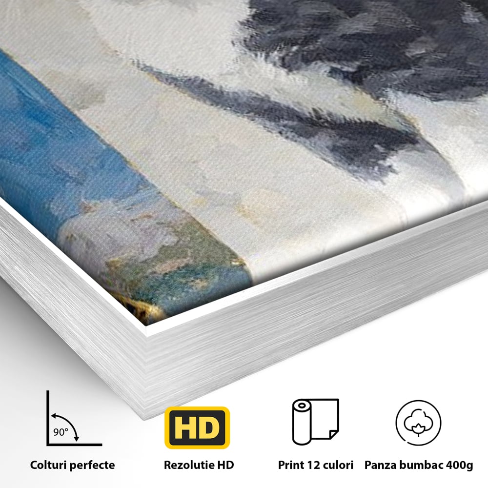 Detaliu al suprafetei: tablou canvas cu pisica si turnul eiffel, in rama de aluminiu argintiu