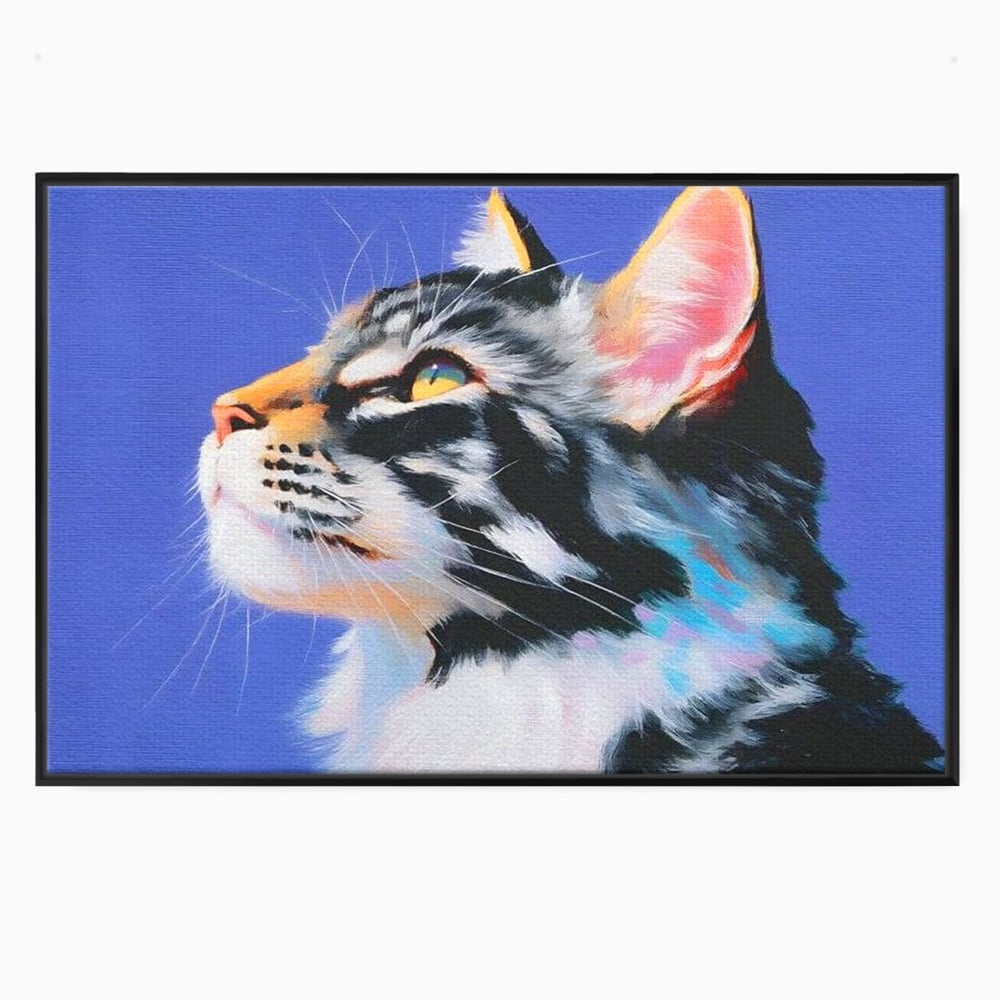 Tablou canvas cu pictura cu profil de pisica, in rama de aluminiu negru