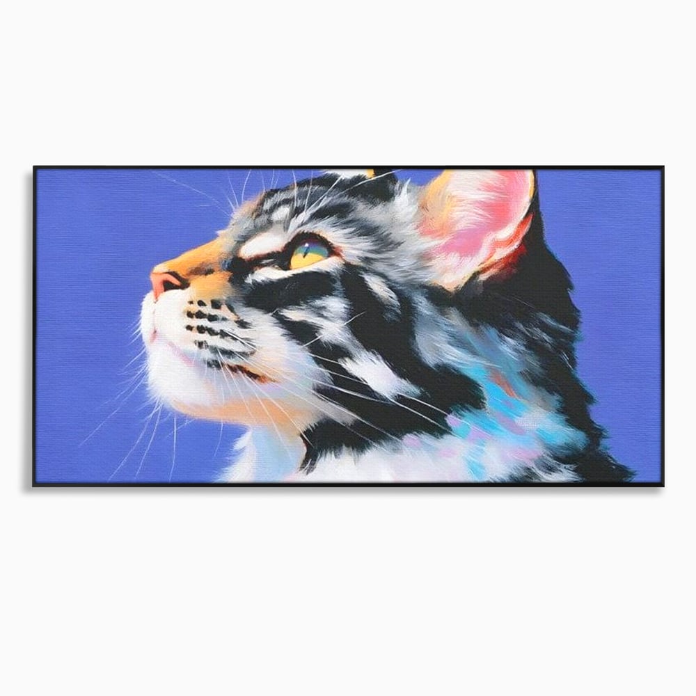 Tablou canvas cu pictura cu profil de pisica, in rama de aluminiu negru