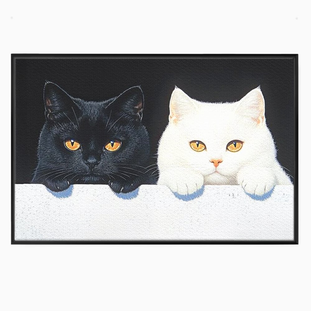 Tablou canvas cu tablou canvas cu pisici alb si negru, in rama de aluminiu negru