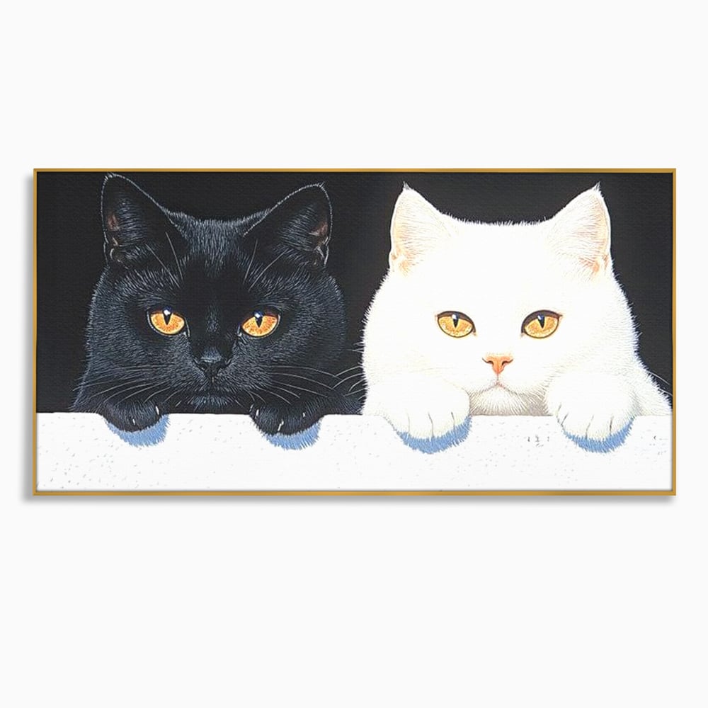Tablou canvas cu tablou canvas cu pisici alb si negru, in rama de aluminiu auriu