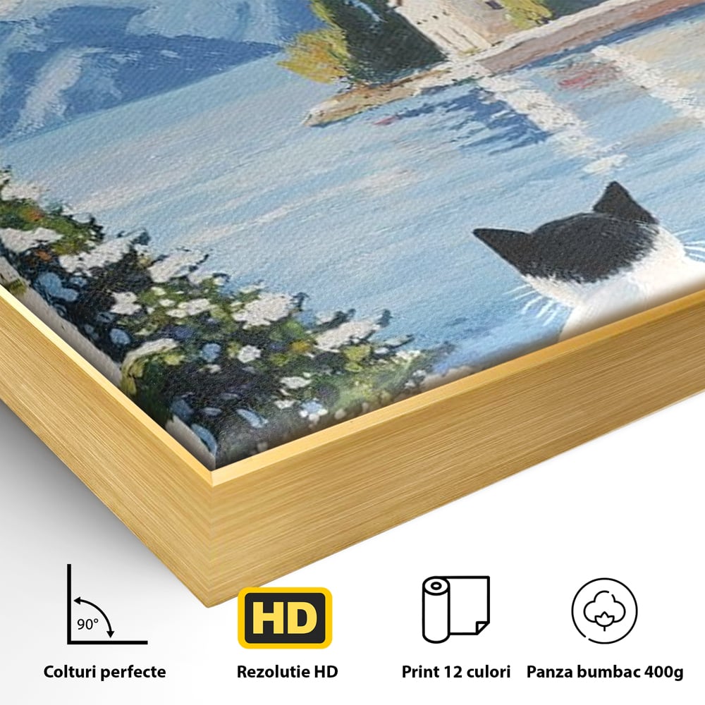 Detaliu al suprafetei: tablou canvas cu pisica privind spre munte, in rama de aluminiu auriu