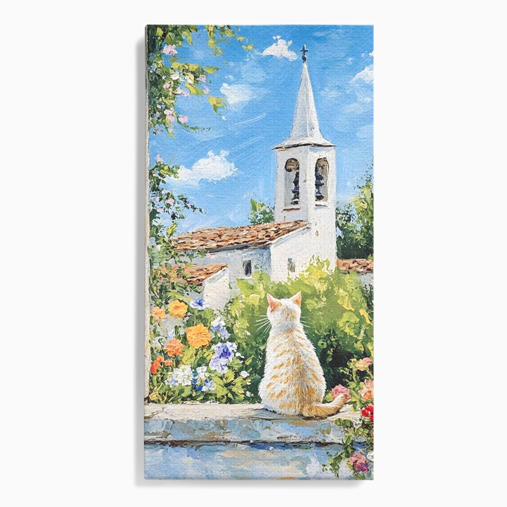 Tablou canvas cu tablou pictura cu pisica alba si biserica, fara rama, pe sasiu de lemn