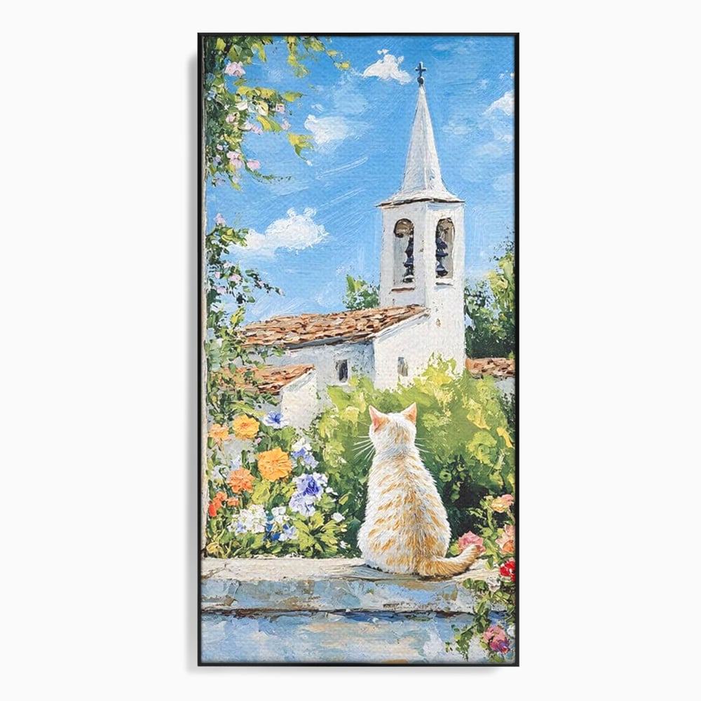 Tablou canvas cu tablou pictura cu pisica alba si biserica, in rama de aluminiu negru
